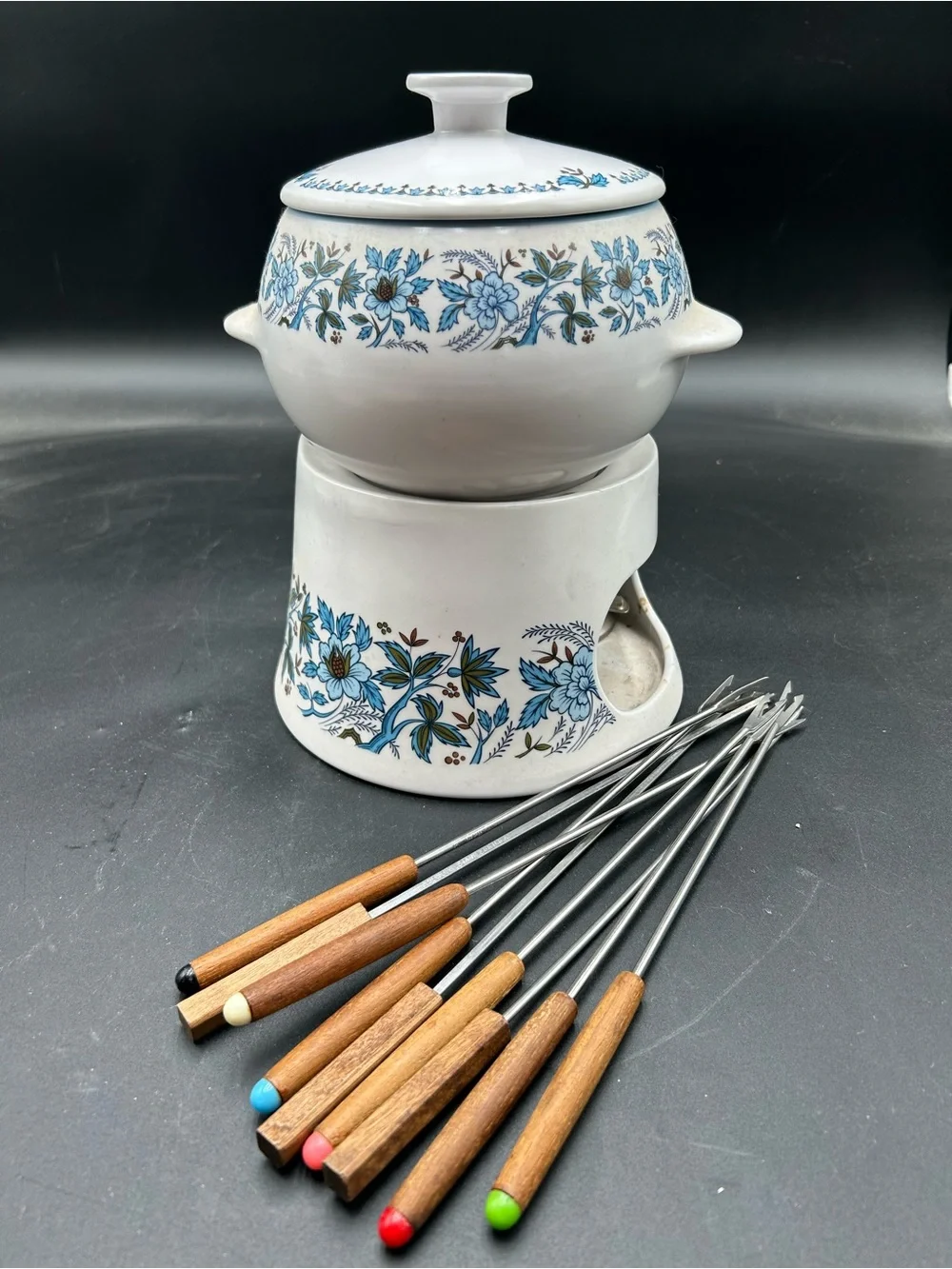 Vintage Noritake blue moon Fondue Set with Wooden Skewer Handles